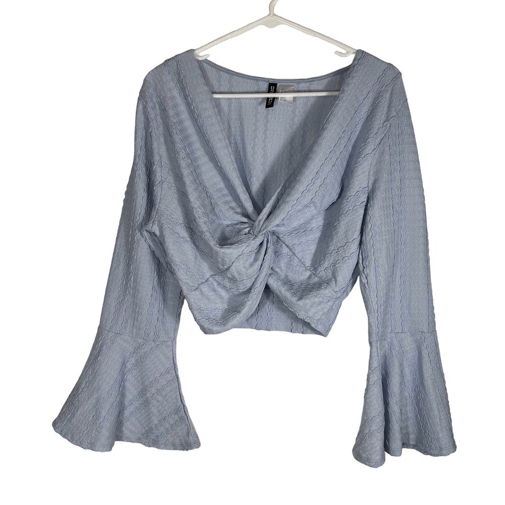 H&M Divided Women Blue Twist Front Crop Top‎ Bell Sleeve Textured Size M